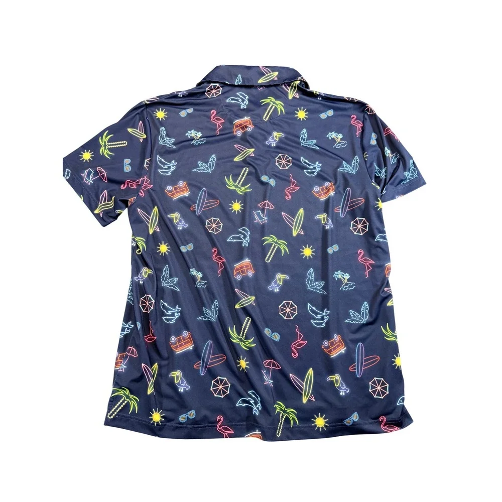 Birdie Bound Neon Tropical Polo Shirt Size XL Dark Blue Golf Summer